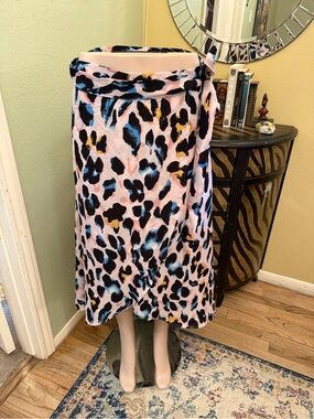 Pink Leopard Print Midi Skirt with Black and Blue Spots